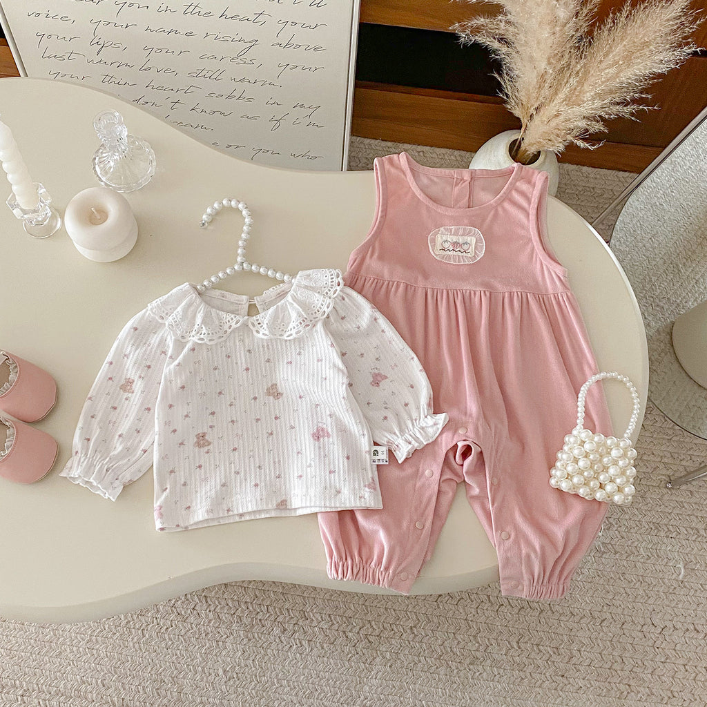 Autumn New Baby Girl Ruffle Bodysuit with Overalls Two-Piece Set Cute Infant Outfit