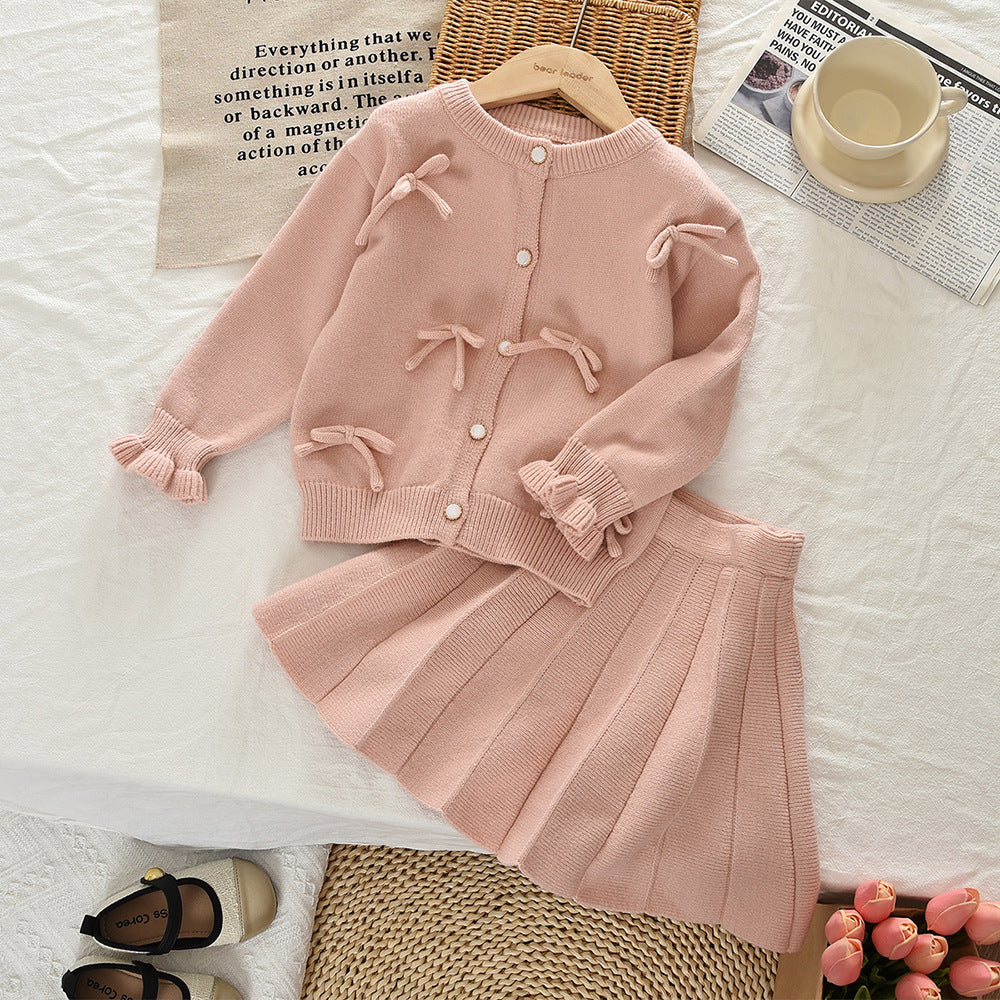 Children's Sweater Set with Bow Cardigan and Short Skirt Two-Piece Outfit for Girls