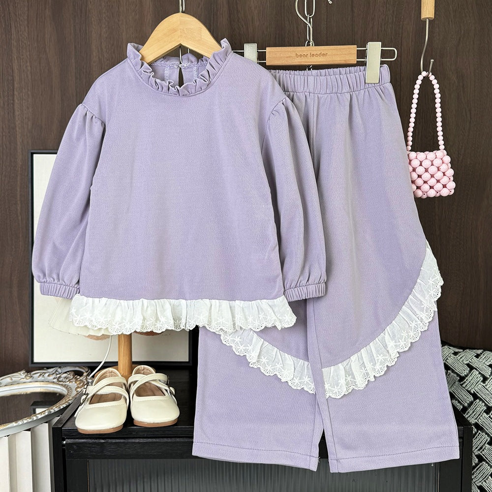 FashionableGirls' Two-Piece Set with Lace Splicing Long Sleeve Hoodie and Long Pants Casual Outfit