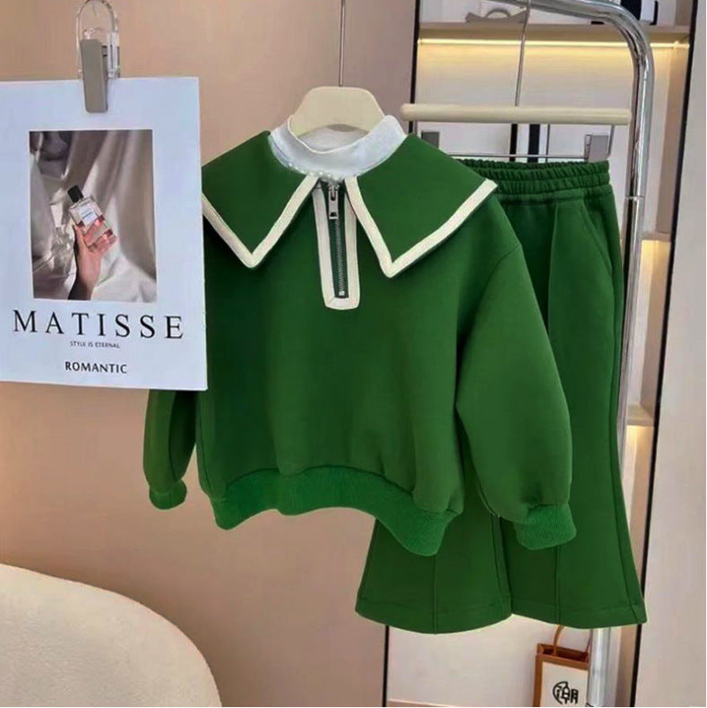 Elegant Casual Two-Piece Set for Little Girls, Fashionable Flared Pants Autumn Outfit
