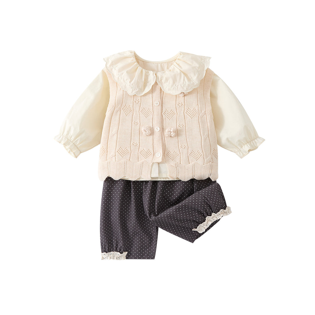 Spring New Infant Knit Outerwear Set for Girls Sweater Jacket Shirt Polka Dot Pants Three-Piece Set