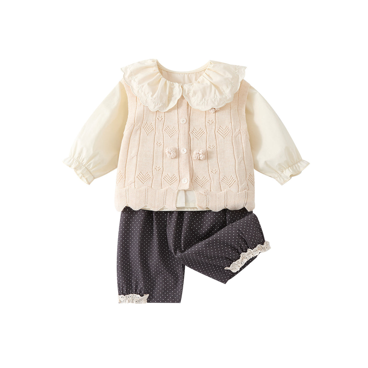 Spring New Infant Knit Outerwear Set for Girls Sweater Jacket Shirt Polka Dot Pants Three-Piece Set