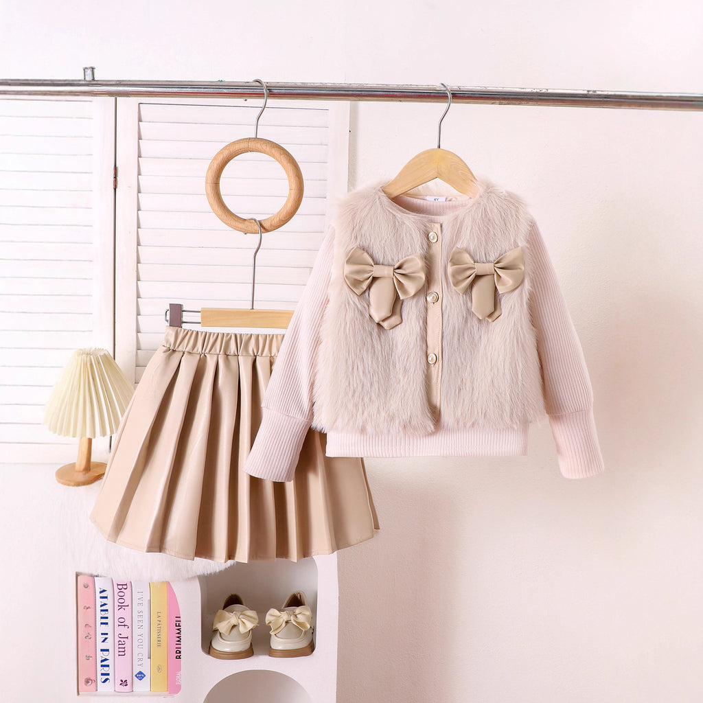 Round neck top bow tie jacket pleated skirt set