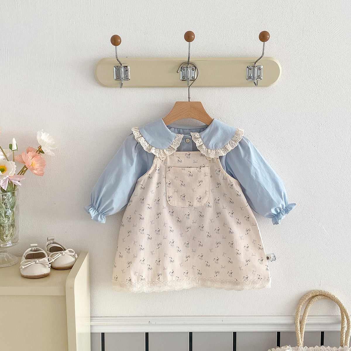 Cute Baby Girl Spring Outfit Set, Fashionable Floral Overalls Dress with Inner Top, Two-Piece Set, Princess Dress for Toddlers