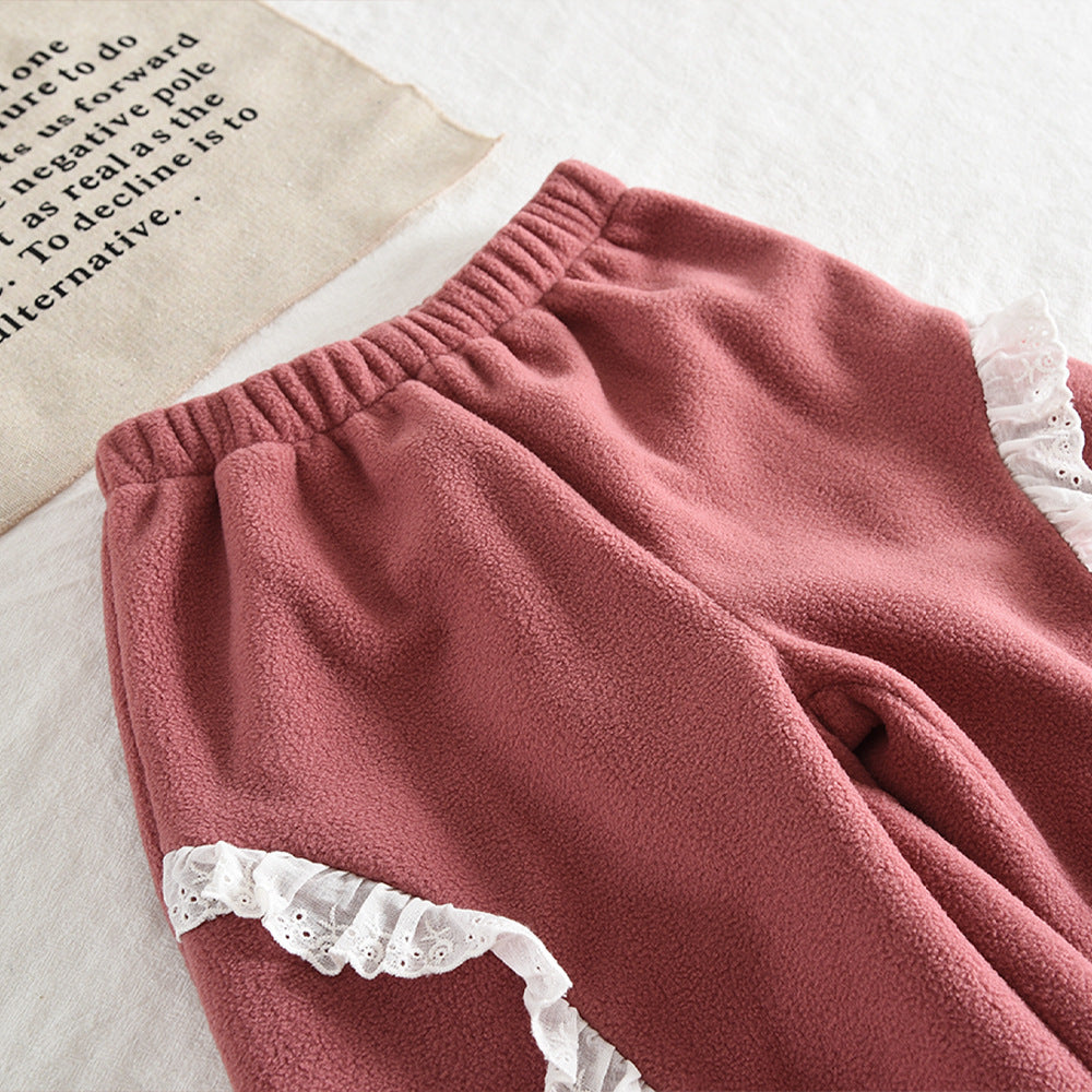 Cute Floral Trim Lantern Sleeve Top and Long Pants Fleece Set for GirlsTwo-Piece Outfit