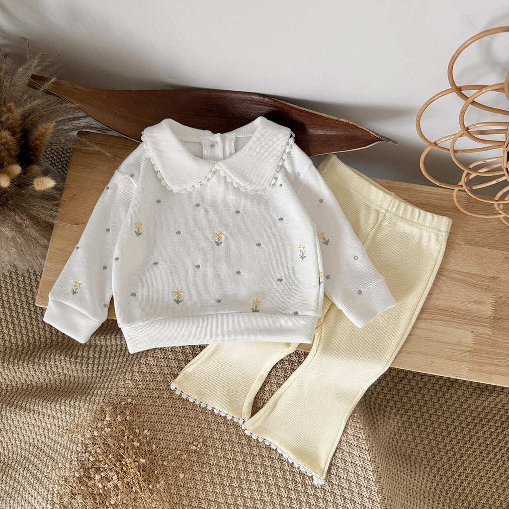 Floral doll collar long sleeved top+solid color flared pants lace hem two-piece set