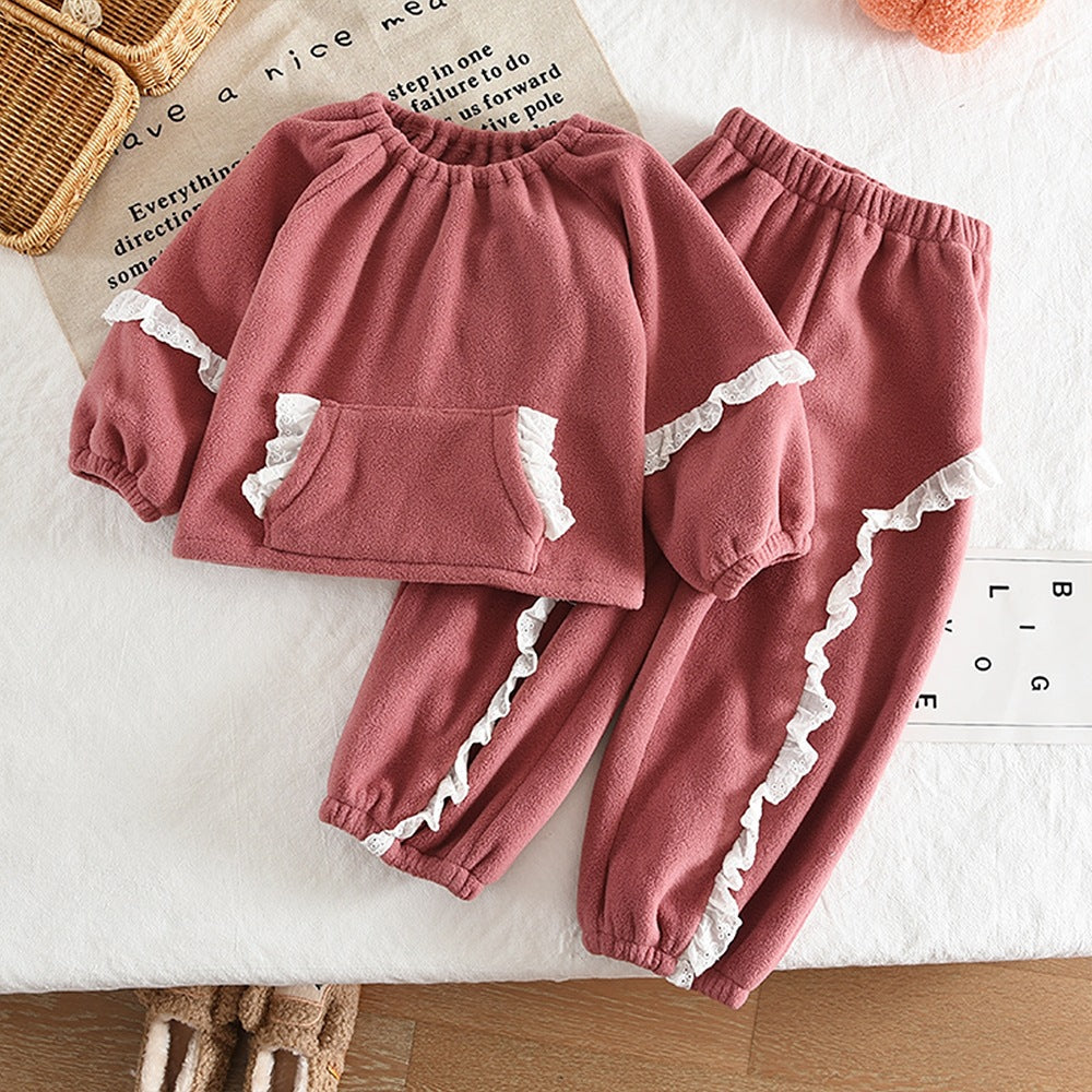 Cute Floral Trim Lantern Sleeve Top and Long Pants Fleece Set for GirlsTwo-Piece Outfit