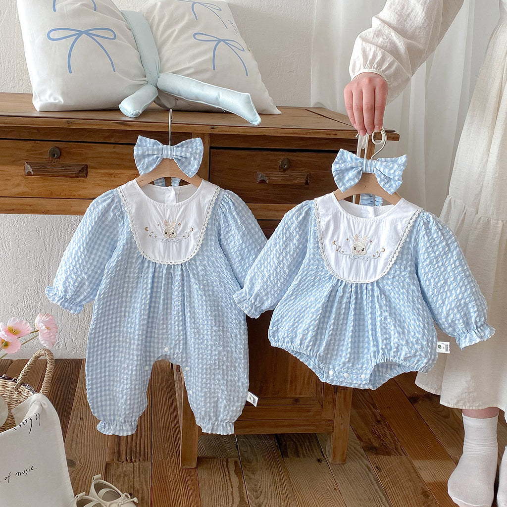 Baby Clothes Spring New Sweet Plaid Romper Stylish Baby Onesie Outing Crawler + Headband