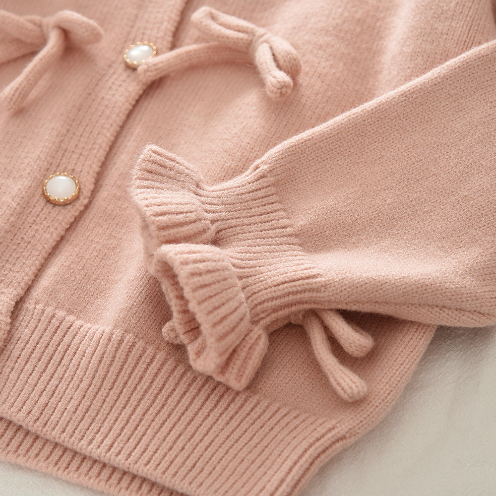 Children's Sweater Set with Bow Cardigan and Short Skirt Two-Piece Outfit for Girls