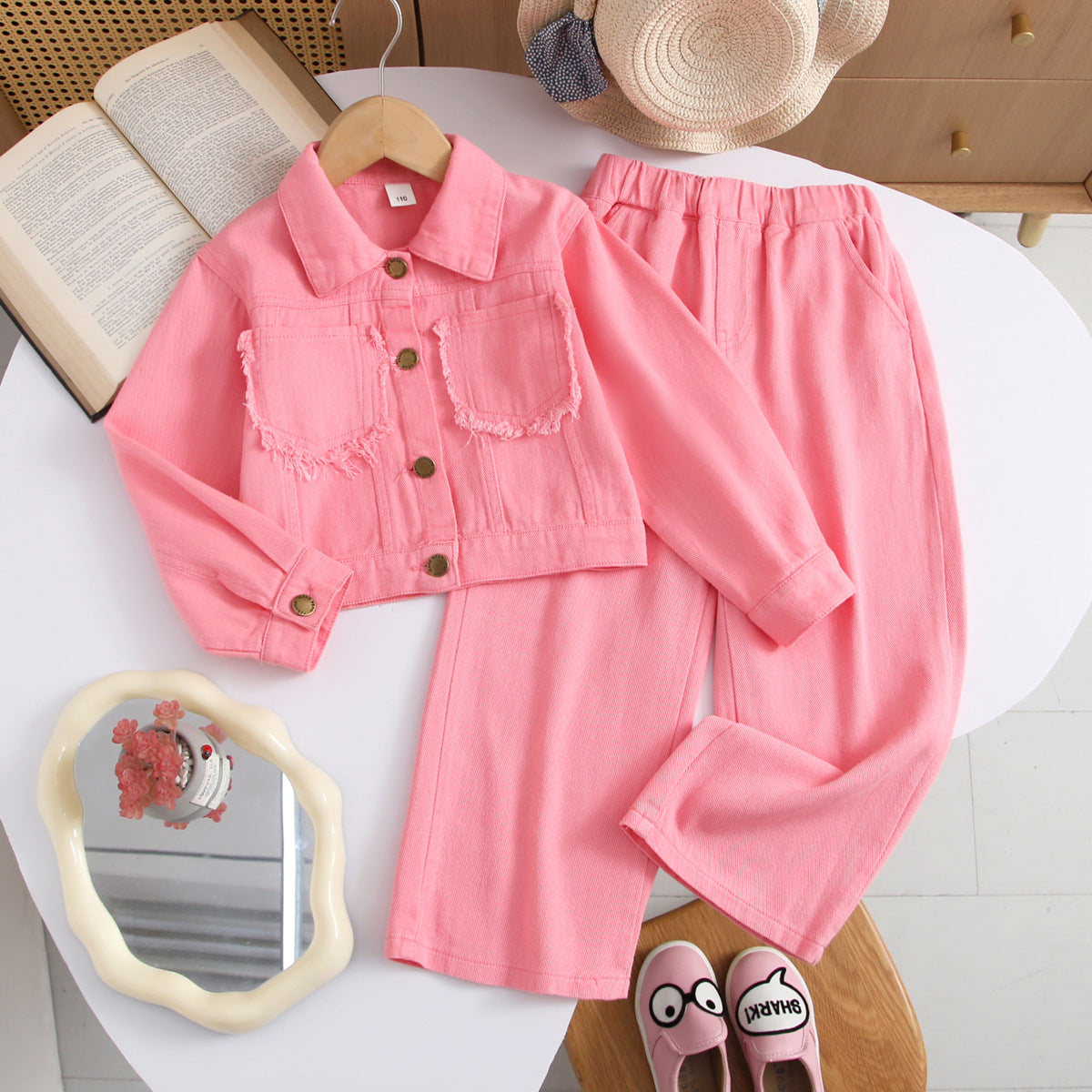 Fashionable Denim Jacket and Wide Leg Pants Two-Piece Set for Girls, Casual Style, Spring and Autumn Wear