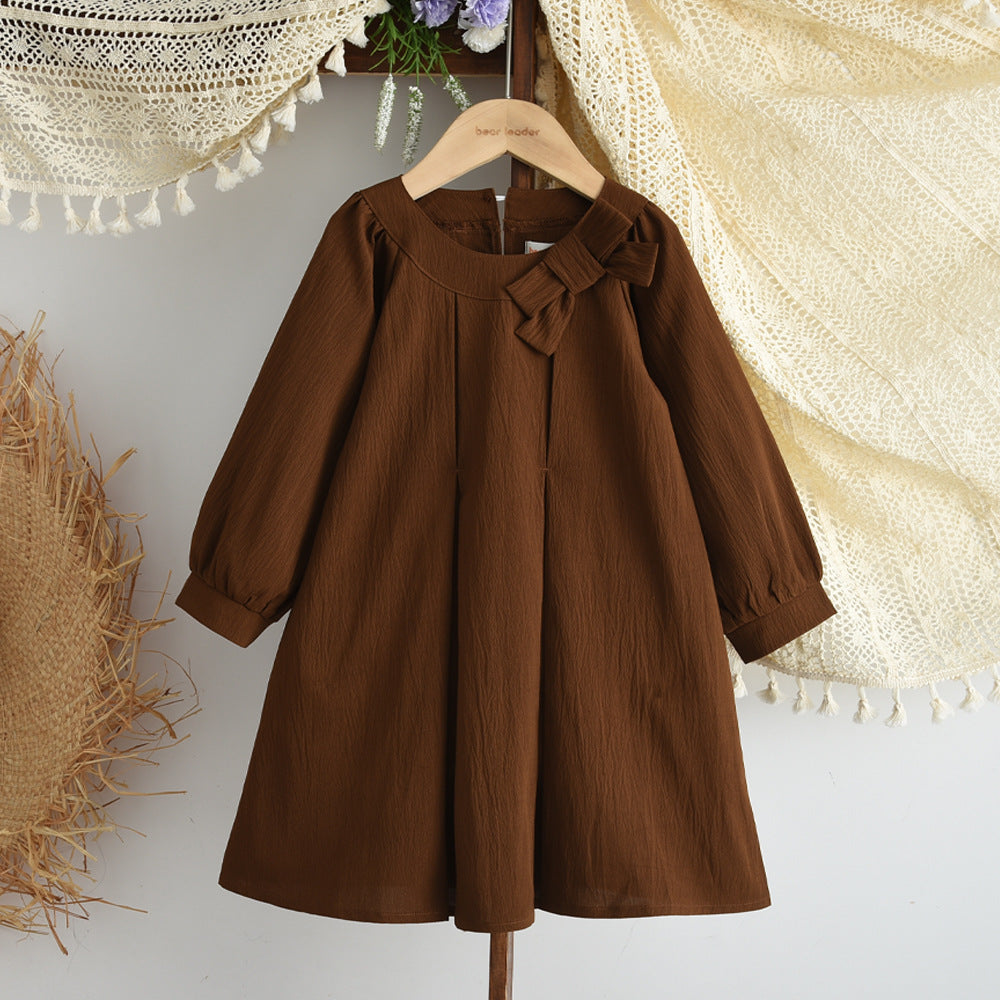 Cute Girls' A-Line Long Sleeve Dress with Bow and Pleats, Sweet Princess Style for Spring and Autumn