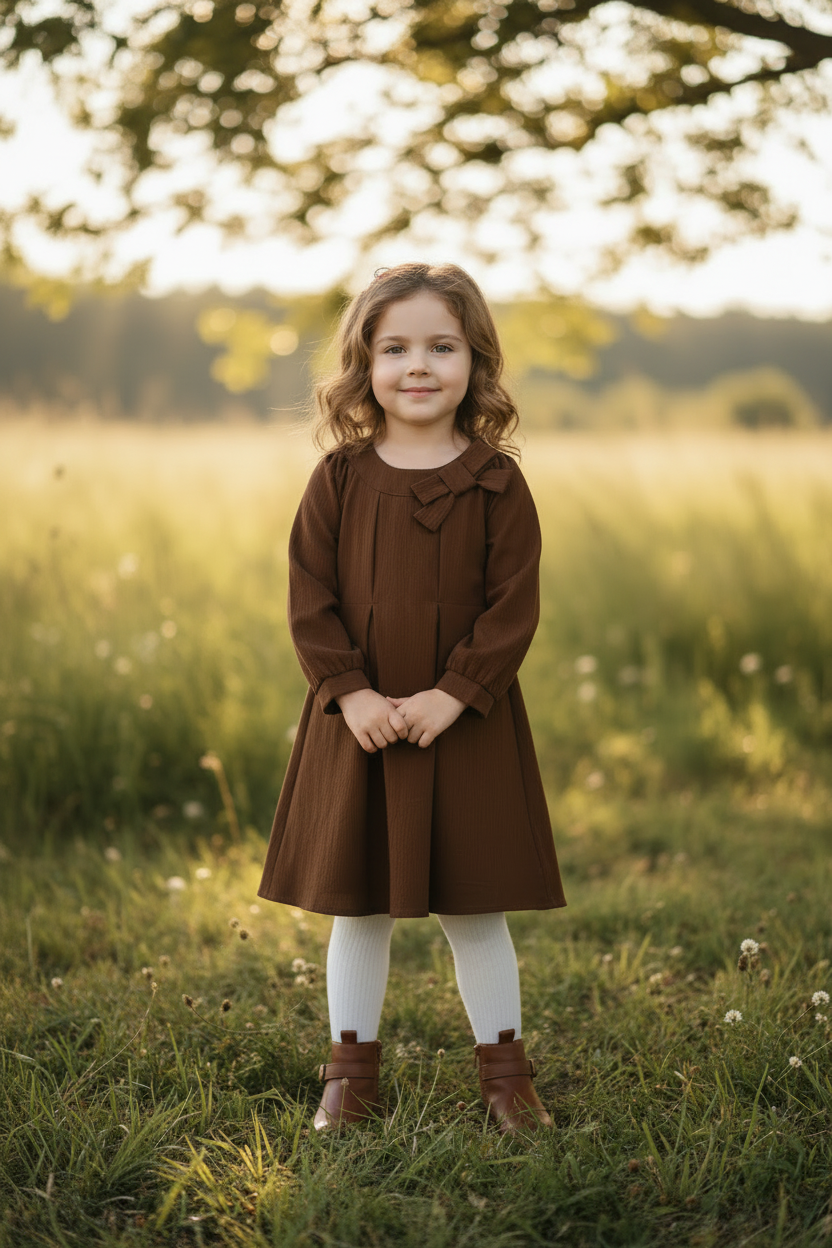 Cute Girls' A-Line Long Sleeve Dress with Bow and Pleats, Sweet Princess Style for Spring and Autumn