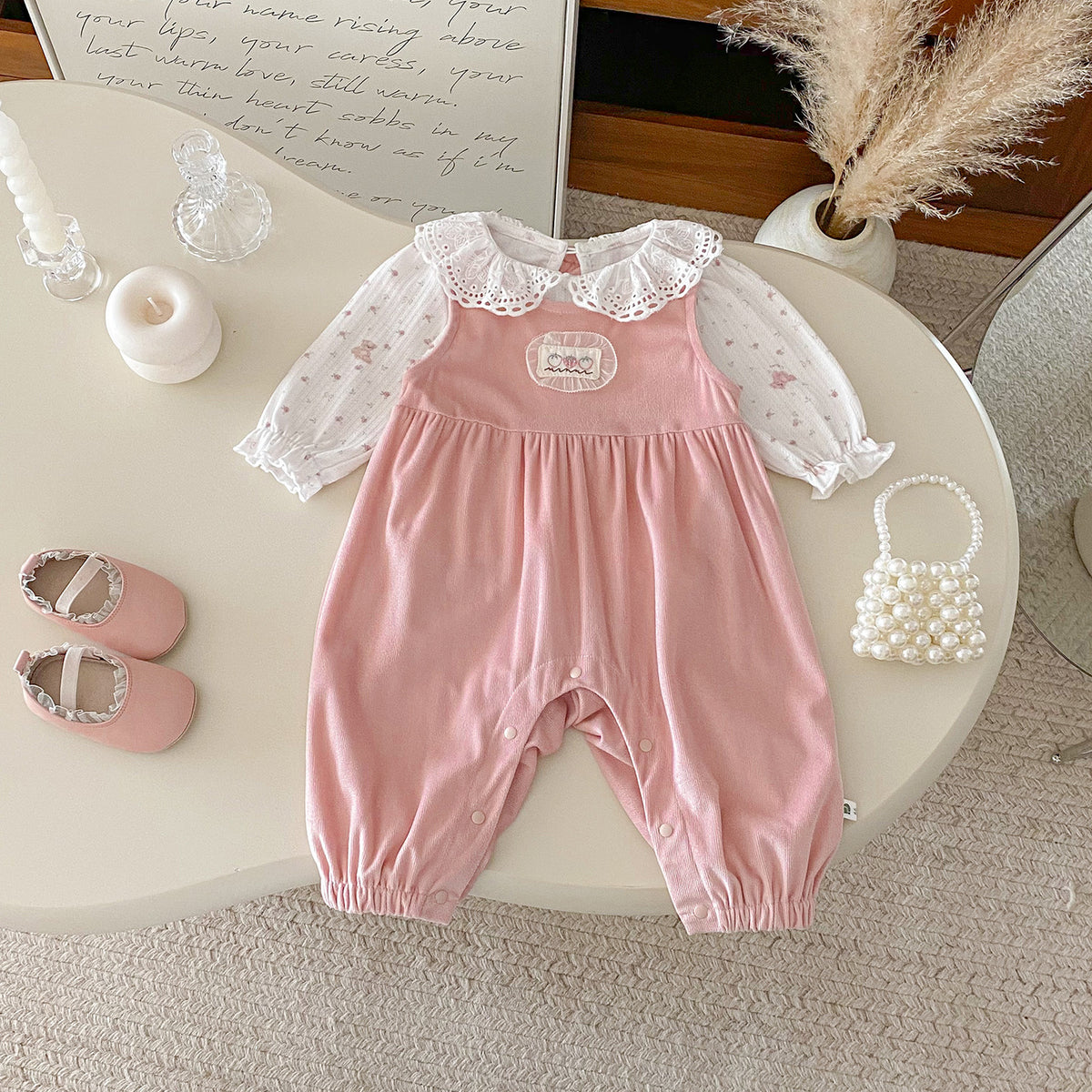 Autumn New Baby Girl Ruffle Bodysuit with Overalls Two-Piece Set Cute Infant Outfit