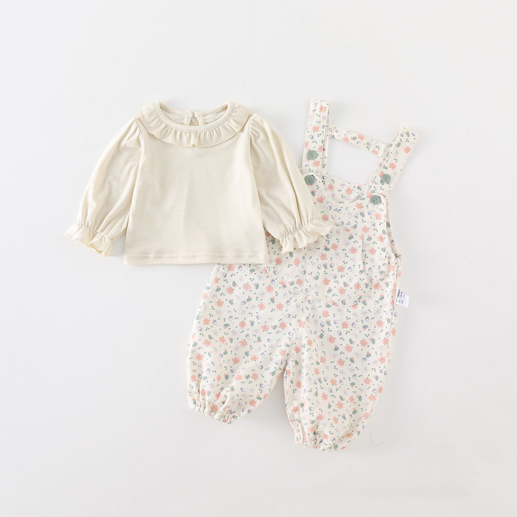 Cute Baby Girl Spring and Autumn Outfit, Adorable Overalls Set with Floral Two-Piece Set for Infants and Toddlers