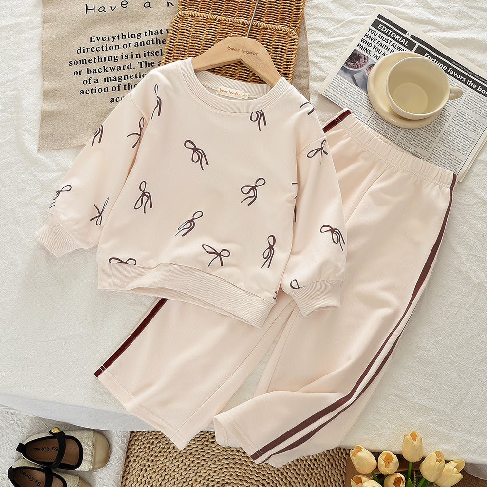 Girls' Spring and Autumn  New Two-Piece Set with Bow Print Long Sleeve Hooded Sweatshirt and Long Pants Casual Outfit
