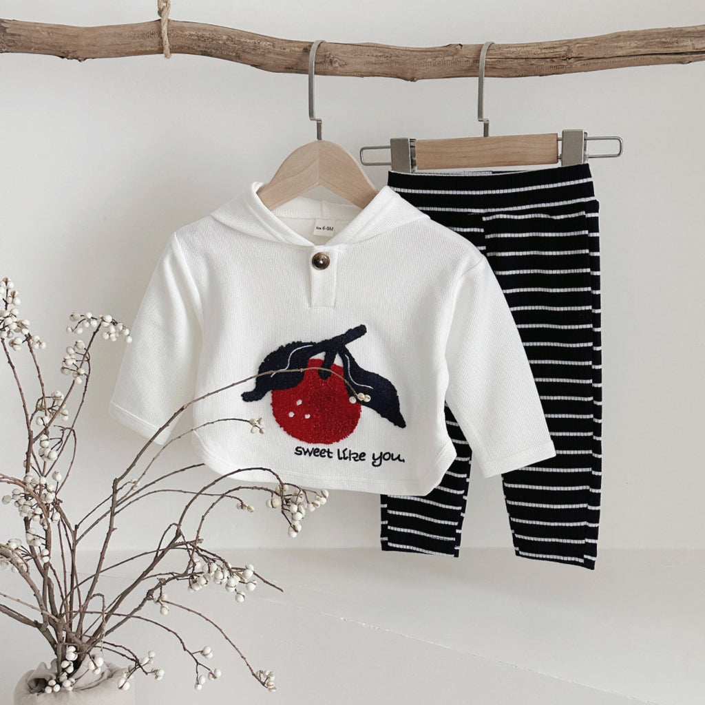 Cute cherry sticker hooded sweatshirt striped sports pants