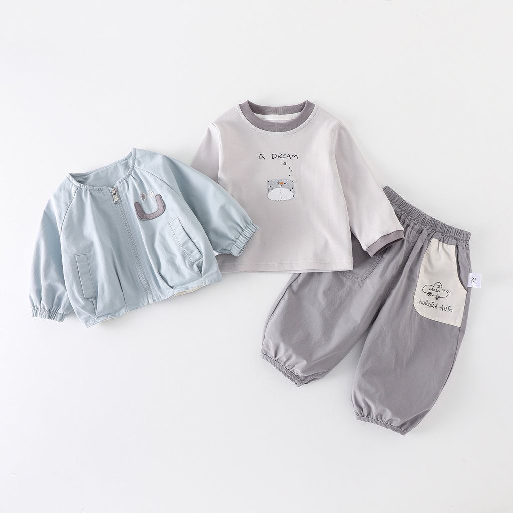 Casual Spring and Autumn Outfit for Boys, 3-Piece Set with Jacket and Pants, Infant and Toddler Clothing