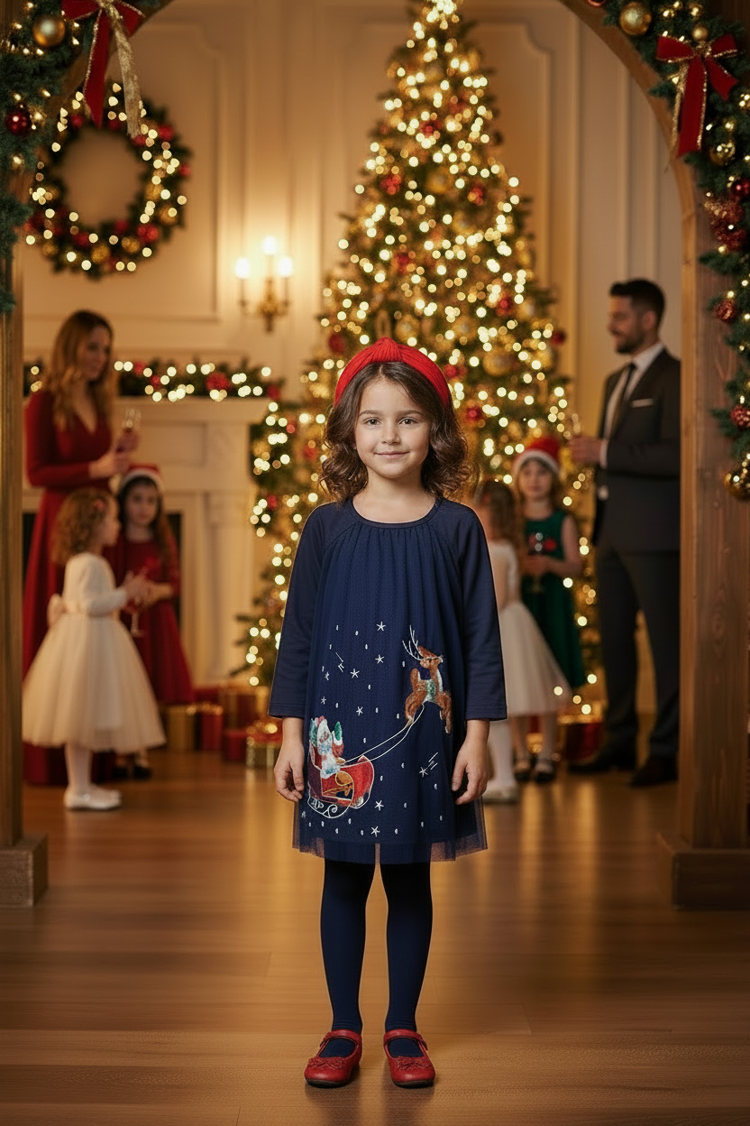 Santa & Reindeer Embroidered Tulle Dress