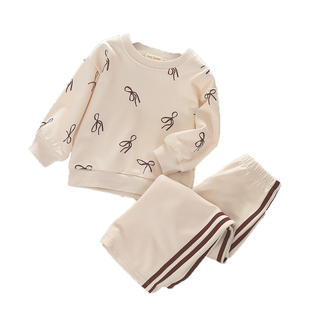 Girls' Spring and Autumn  New Two-Piece Set with Bow Print Long Sleeve Hooded Sweatshirt and Long Pants Casual Outfit