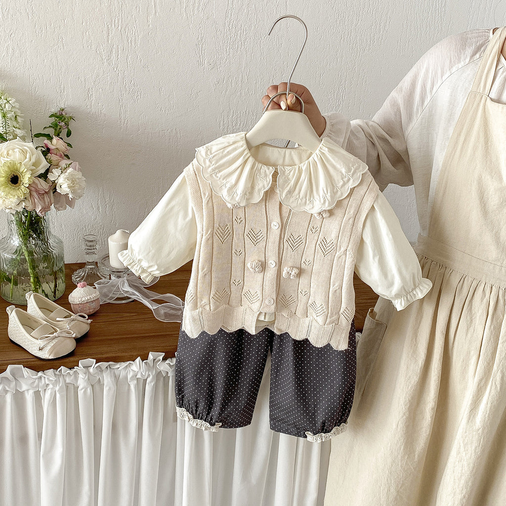Spring New Infant Knit Outerwear Set for Girls Sweater Jacket Shirt Polka Dot Pants Three-Piece Set