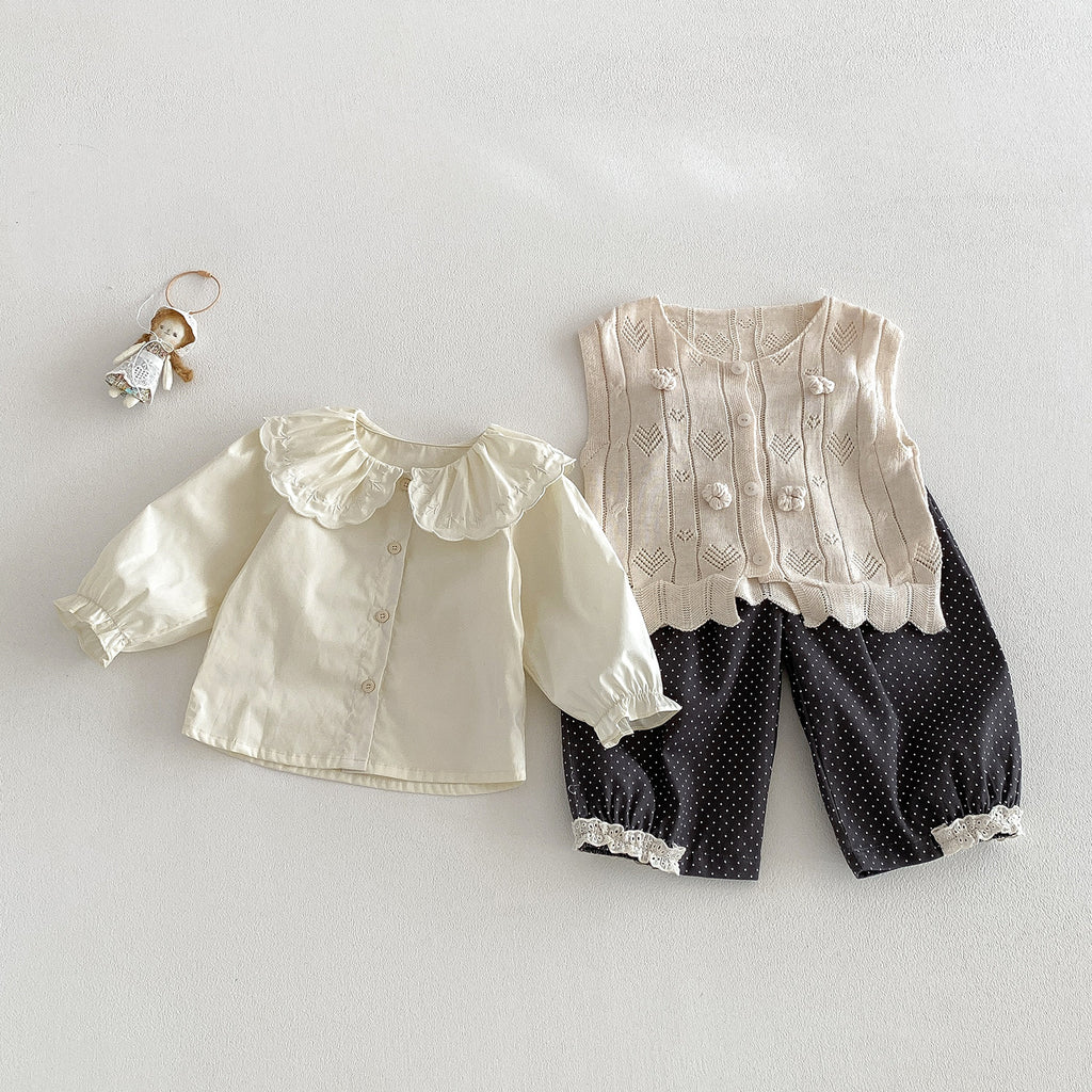 Spring New Infant Knit Outerwear Set for Girls Sweater Jacket Shirt Polka Dot Pants Three-Piece Set