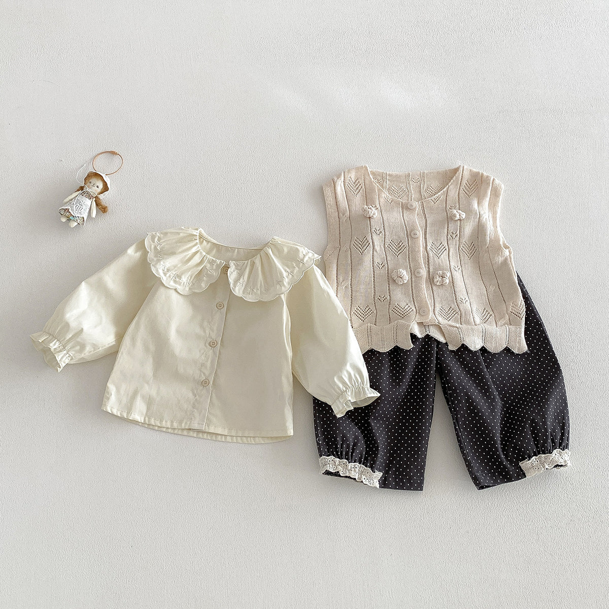 Spring New Infant Knit Outerwear Set for Girls Sweater Jacket Shirt Polka Dot Pants Three-Piece Set