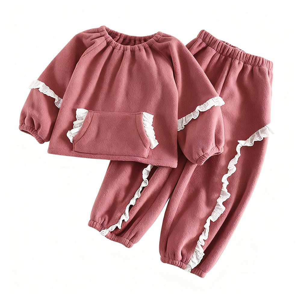 Cute Floral Trim Lantern Sleeve Top and Long Pants Fleece Set for GirlsTwo-Piece Outfit