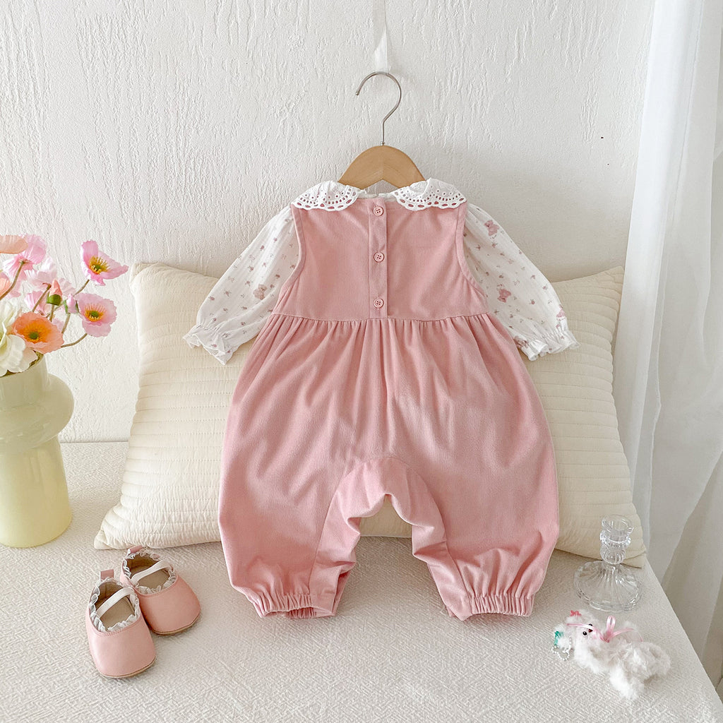 Autumn New Baby Girl Ruffle Bodysuit with Overalls Two-Piece Set Cute Infant Outfit