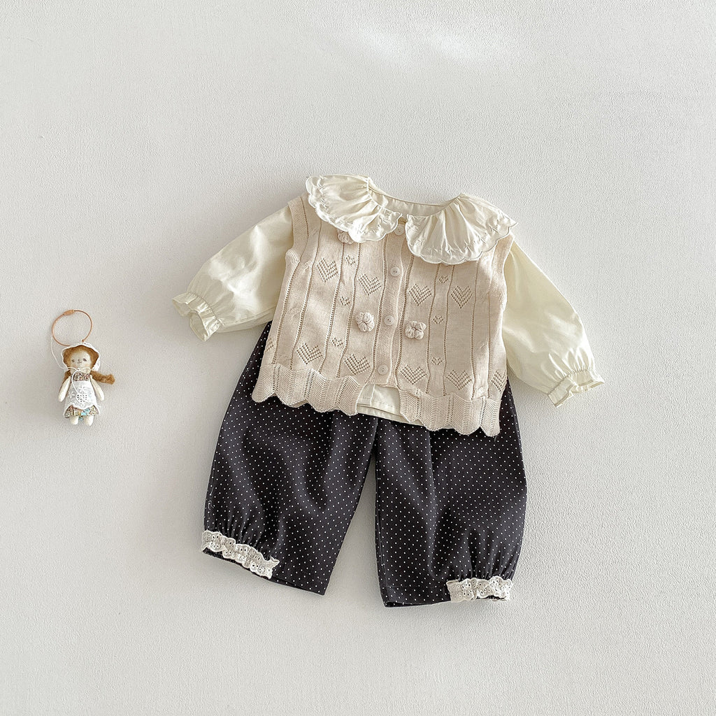 Spring New Infant Knit Outerwear Set for Girls Sweater Jacket Shirt Polka Dot Pants Three-Piece Set