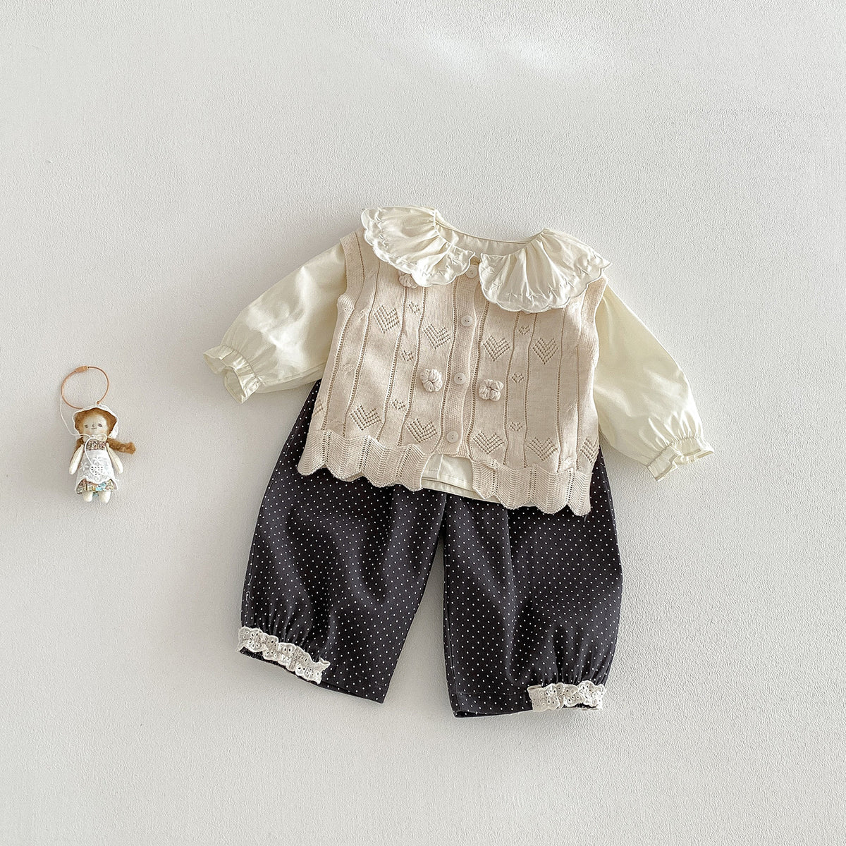 Spring New Infant Knit Outerwear Set for Girls Sweater Jacket Shirt Polka Dot Pants Three-Piece Set