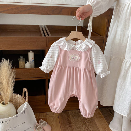 Autumn New Baby Girl Ruffle Bodysuit with Overalls Two-Piece Set Cute Infant Outfit