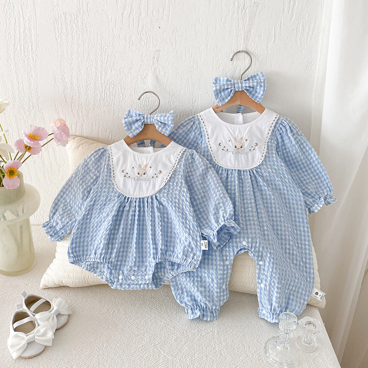 Baby Clothes Spring New Sweet Plaid Romper Stylish Baby Onesie Outing Crawler + Headband