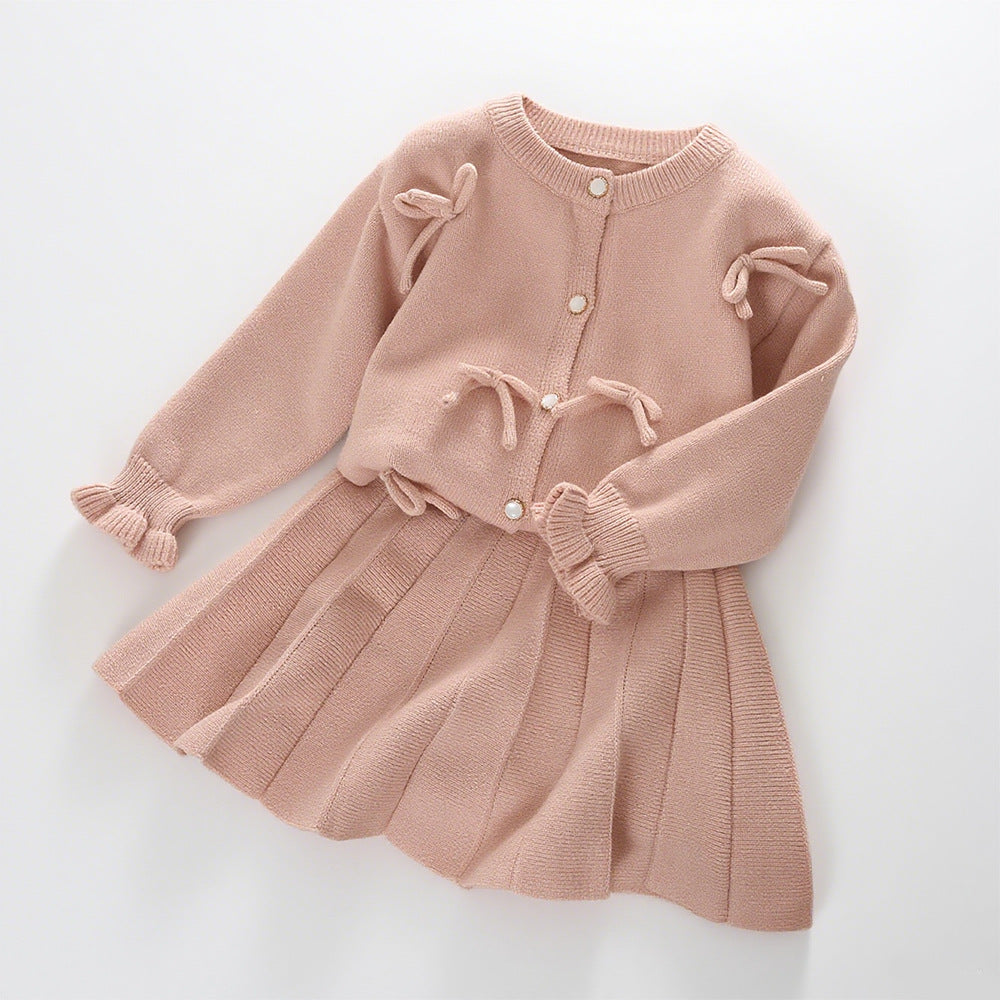 Children's Sweater Set with Bow Cardigan and Short Skirt Two-Piece Outfit for Girls