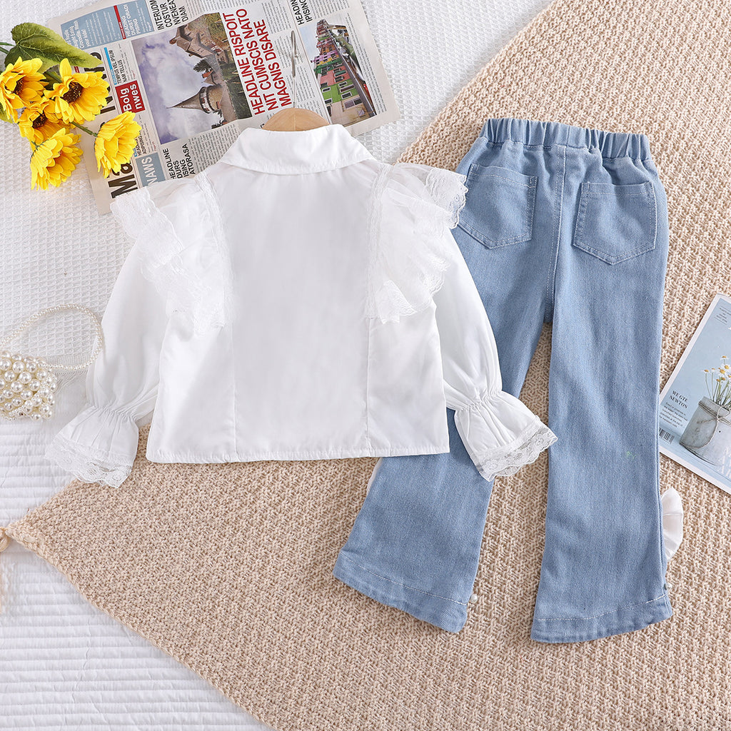 Elerabbit Autumn New Girl's Lace Peter Pan Collar Shirt with Bow Denim Pants Set
