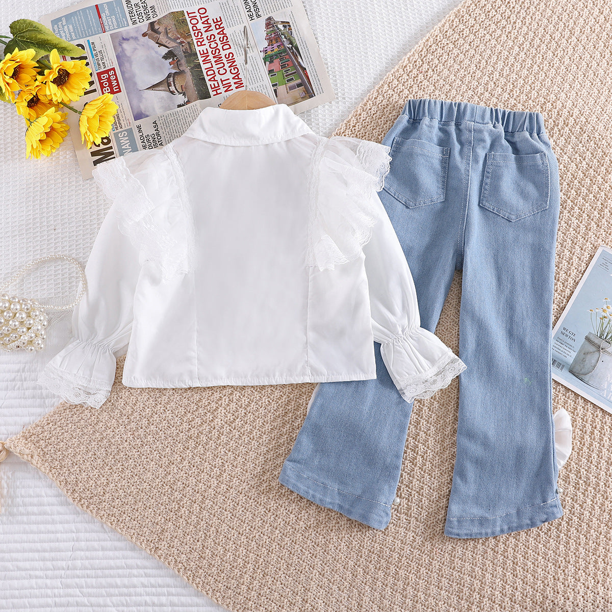 Elerabbit Autumn New Girl's Lace Peter Pan Collar Shirt with Bow Denim Pants Set