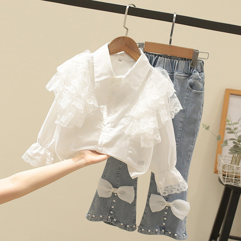 Elerabbit Autumn New Girl's Lace Peter Pan Collar Shirt with Bow Denim Pants Set
