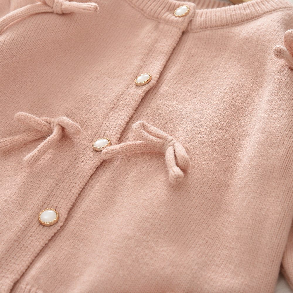 Children's Sweater Set with Bow Cardigan and Short Skirt Two-Piece Outfit for Girls