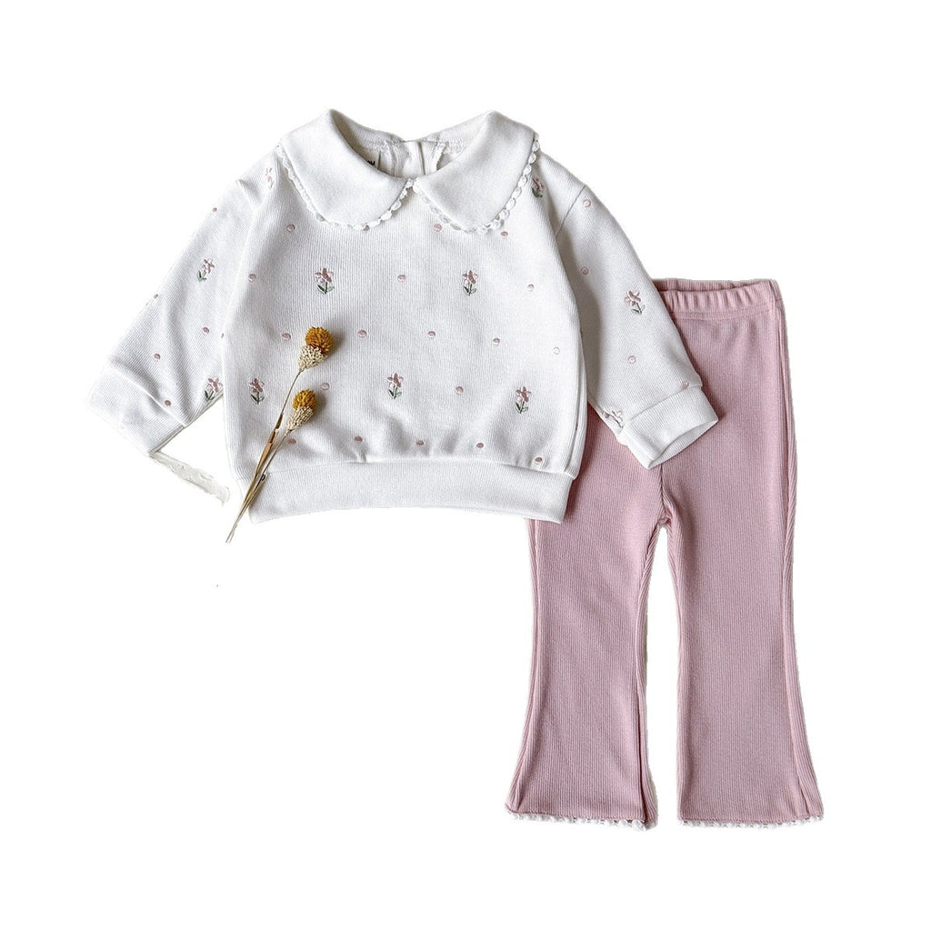 Floral doll collar long sleeved top+solid color flared pants lace hem two-piece set