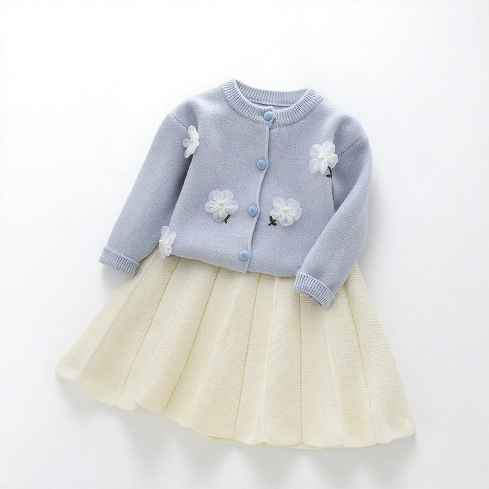 Cute Knit Cardigan and Short Skirt Two-Piece Set for Girls