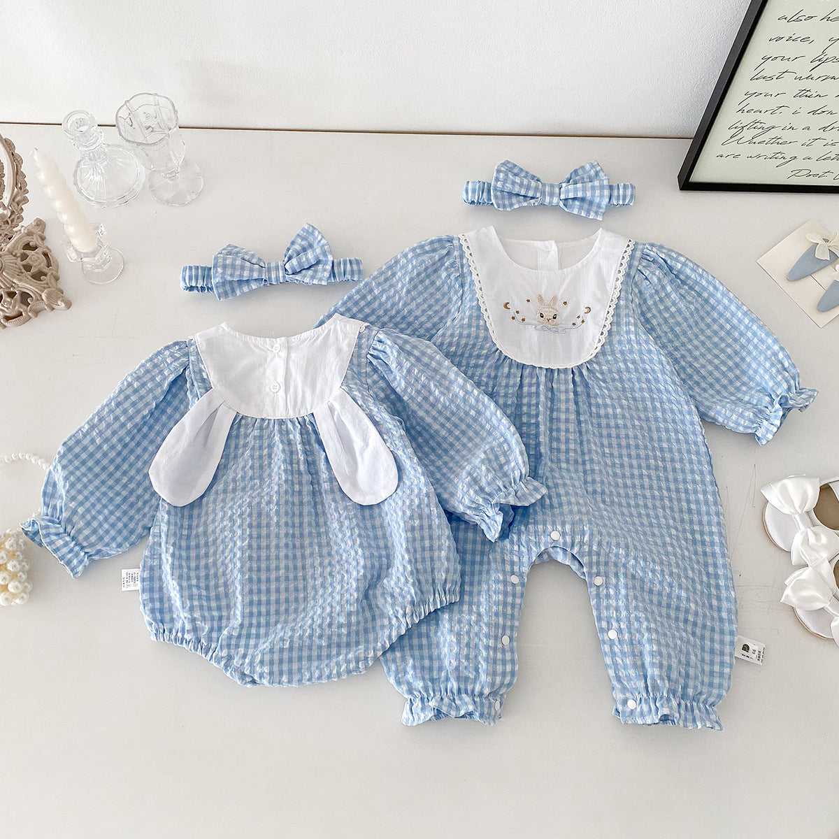 Baby Clothes Spring New Sweet Plaid Romper Stylish Baby Onesie Outing Crawler + Headband