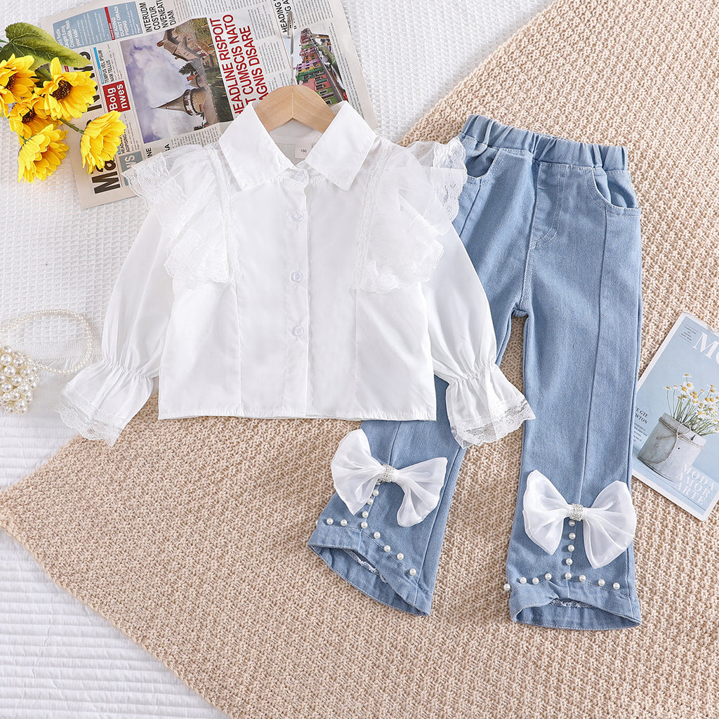 Elerabbit Autumn New Girl's Lace Peter Pan Collar Shirt with Bow Denim Pants Set