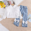 Elerabbit Autumn New Girl's Lace Peter Pan Collar Shirt with Bow Denim Pants Set