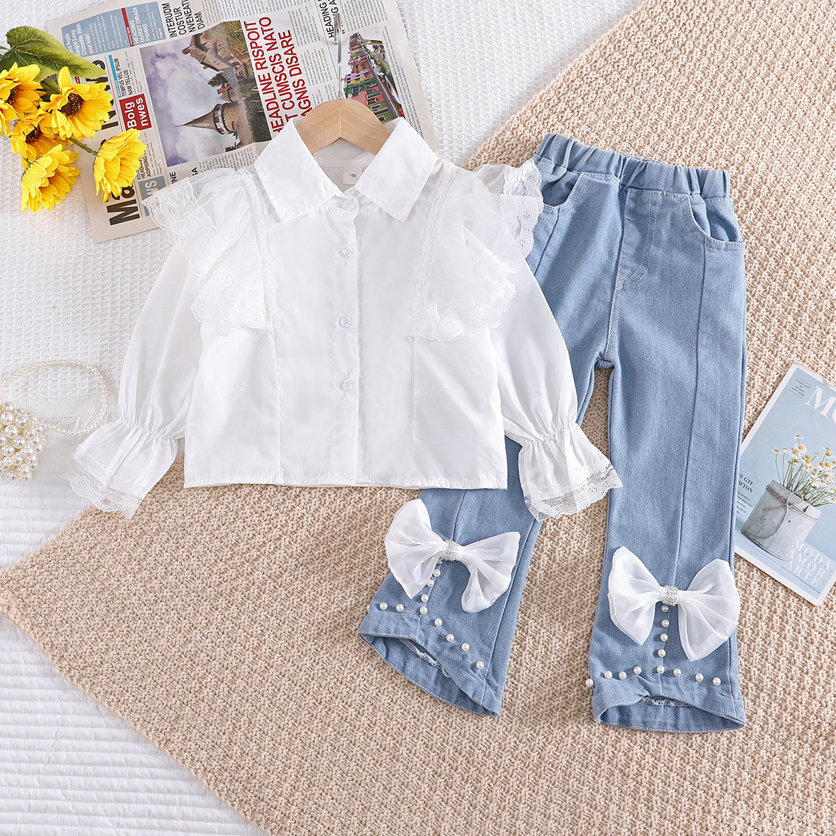 Elerabbit Autumn New Girl's Lace Peter Pan Collar Shirt with Bow Denim Pants Set