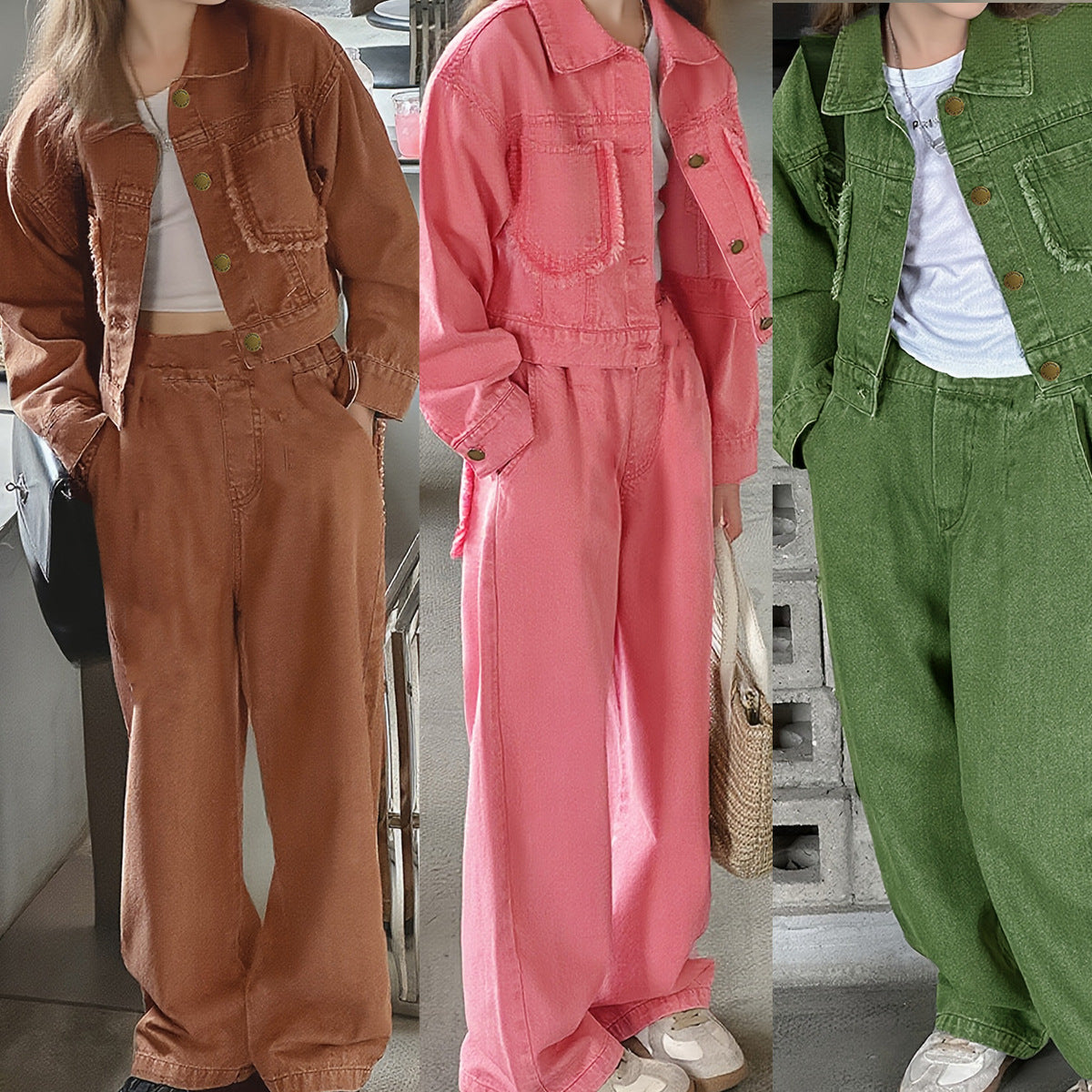 Fashionable Denim Jacket and Wide Leg Pants Two-Piece Set for Girls, Casual Style, Spring and Autumn Wear