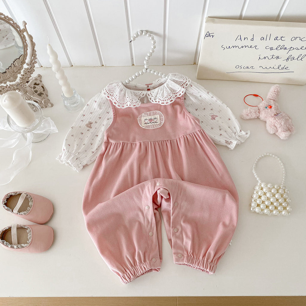 Autumn New Baby Girl Ruffle Bodysuit with Overalls Two-Piece Set Cute Infant Outfit