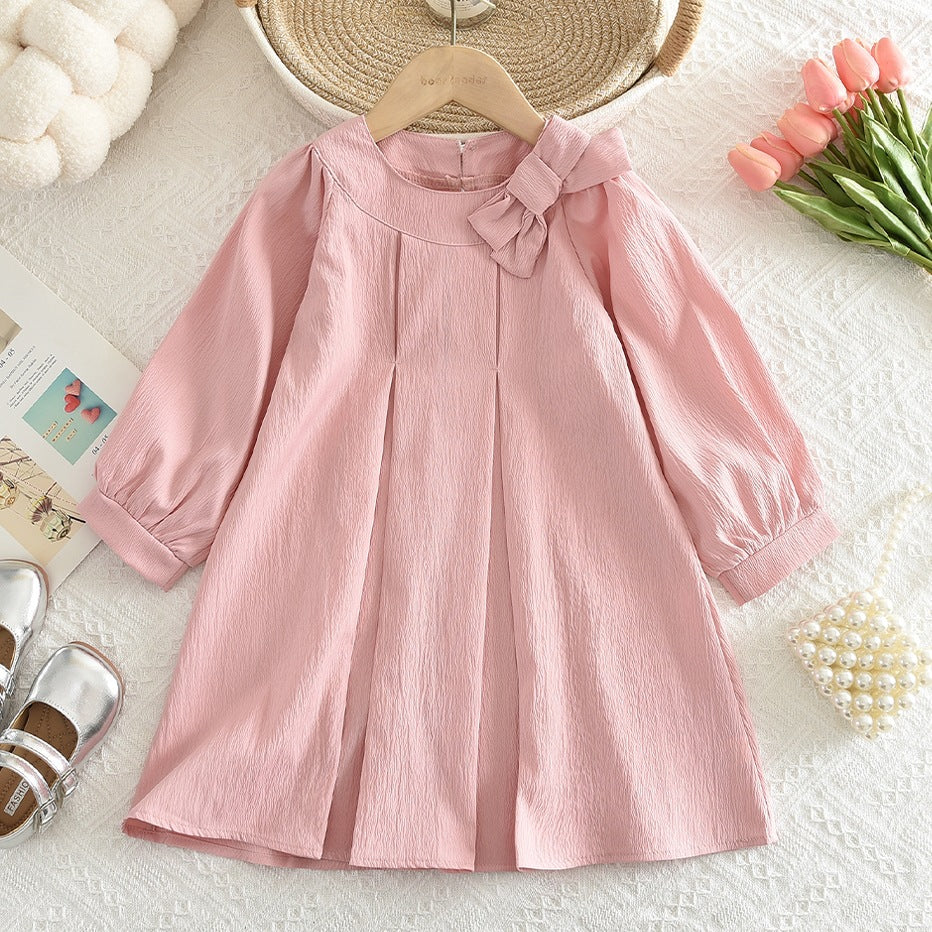 Cute Girls' A-Line Long Sleeve Dress with Bow and Pleats, Sweet Princess Style for Spring and Autumn