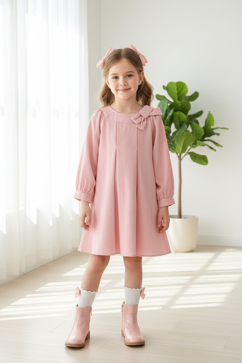 Cute Girls' A-Line Long Sleeve Dress with Bow and Pleats, Sweet Princess Style for Spring and Autumn