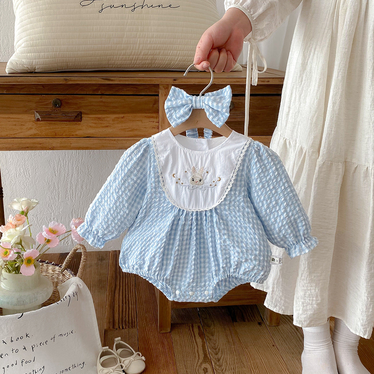 Baby Clothes Spring New Sweet Plaid Romper Stylish Baby Onesie Outing Crawler + Headband