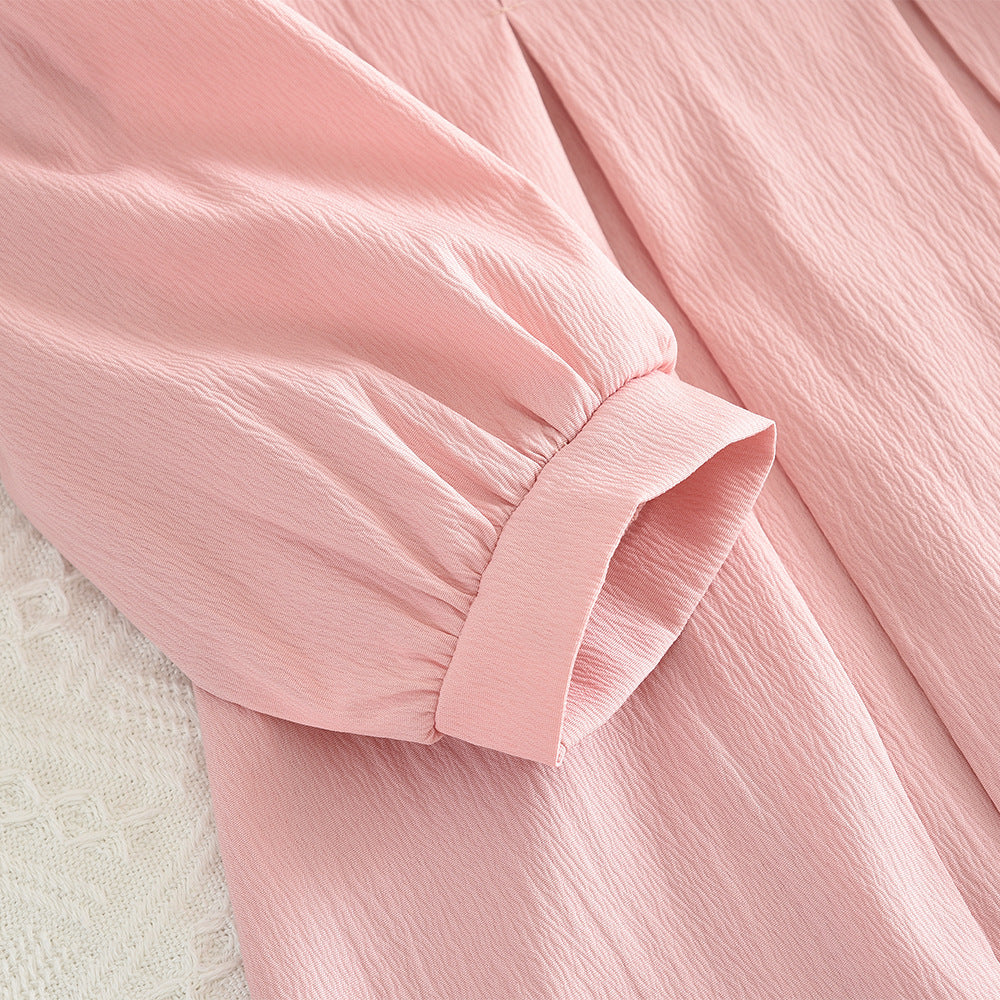 Cute Girls' A-Line Long Sleeve Dress with Bow and Pleats, Sweet Princess Style for Spring and Autumn