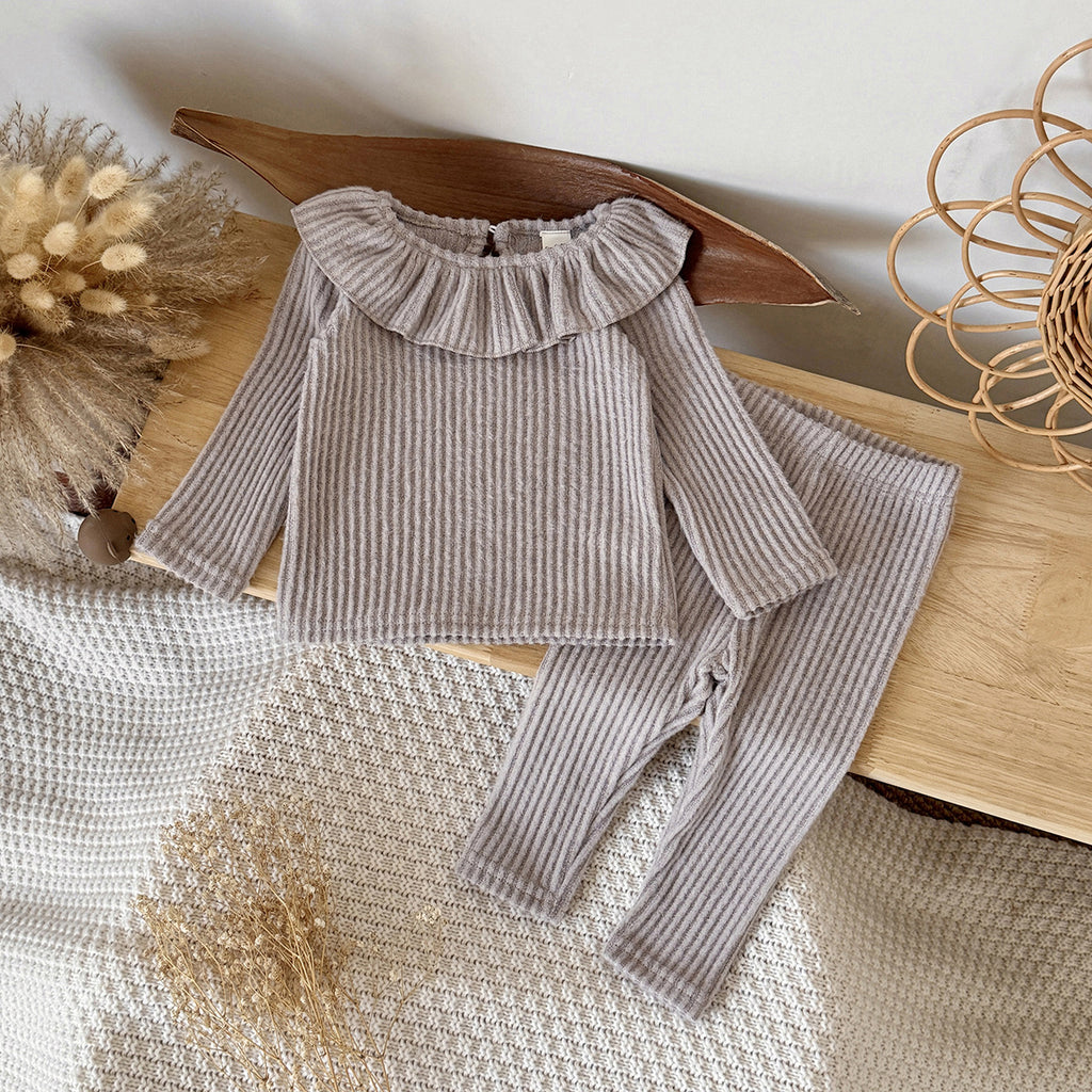 Two piece ruffled long sleeved+slim fit long pants knit set